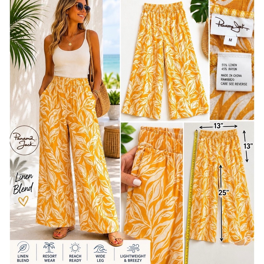 Panama Jack Linen Blend Wide Leg Pants Yellow Tropical Resort Beach Size M